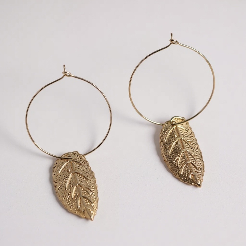 Gold Leaf Hoop Earrings Lightweight Nature Boho Statement Jewelry 2.25”